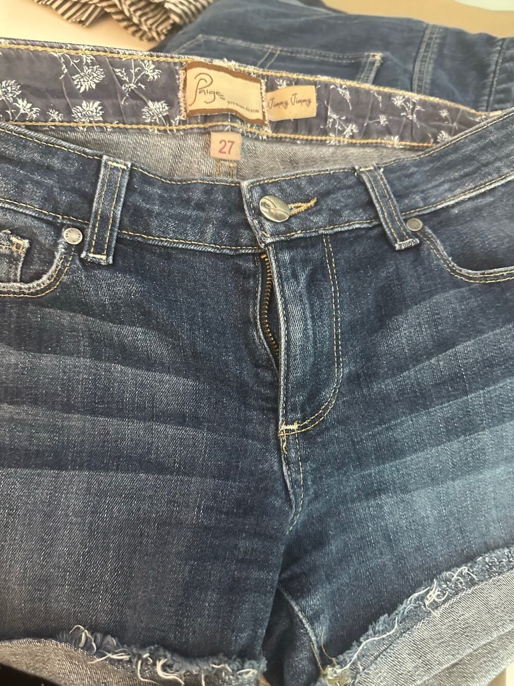 Paige Jimmy Jimmy Denim Shorts dark wash featuring cuffed hem frayed edges 27